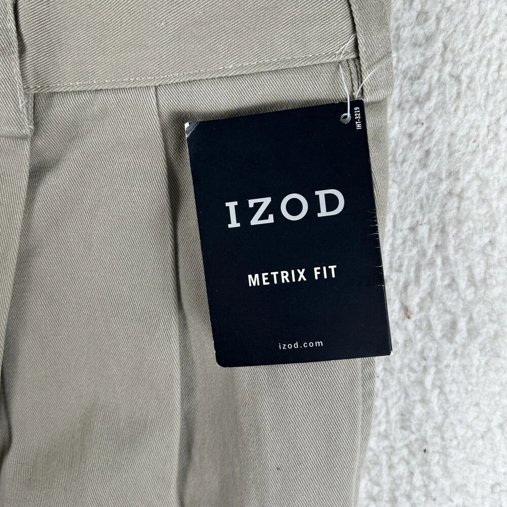 IZOD Pants Mens 35x30 Beige Wrinkle Free American Chino Pleated Cuffed